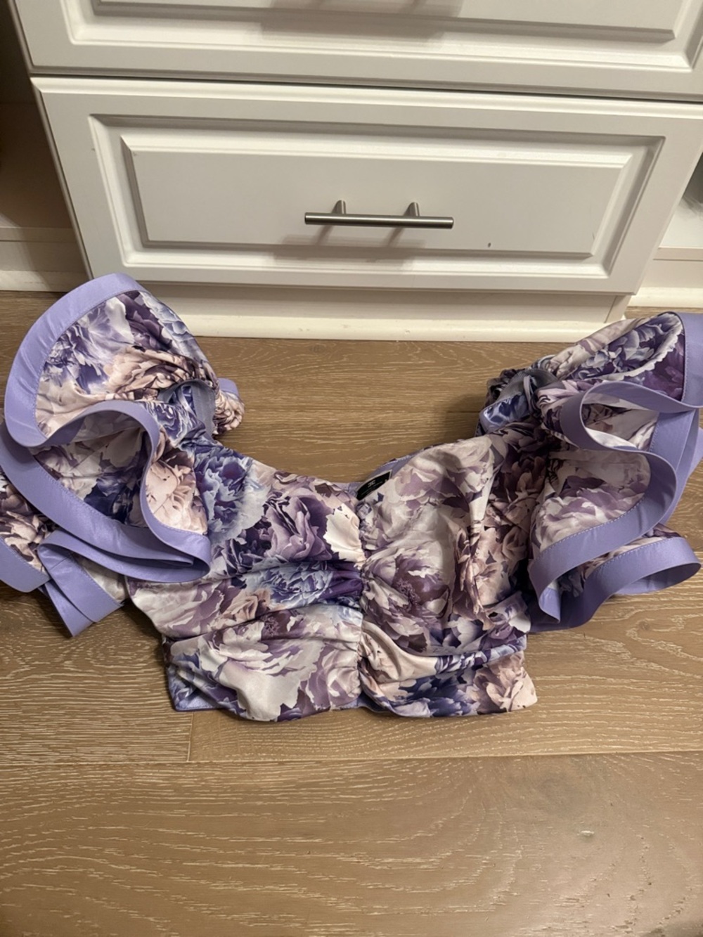 Lavender Floral Ruffle Off-Shoulder Crop Top